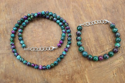 #ad #ad 6 8MM Ruby Zoisite Round Gemstone 6quot; Bracelet 16quot; Necklace Set For Girls amp; Woman $37.12