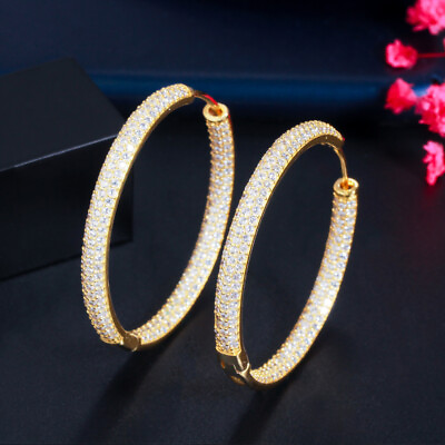#ad Noble Pave CZ Big Round Hoop Earring for Brides 18K Yellow Gold Plated Jewellery $8.92