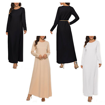 #ad Long Sleeve Long Dress Loose Middle East Solid Color Muslim Prayer Clothes $19.31