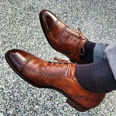 #ad NEW HANDMADE REAL GENUINE LEATHER BROWN CAP TOE FORMAL DRESS SHOES FOR MEN $176.78