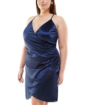 #ad Speechless Women#x27;s Trendy Plus Satin Faux Wrap Dress Blue Size 16W $22.50