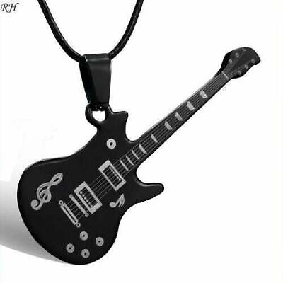 #ad Guitar Necklace Stainless Steel Pendant Leather Chain FREE SHIPPING $9.34