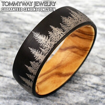 #ad 8mm Tungsten Carbide Men#x27;s Black Forest Tree Scene Olive Wood Wedding Band Ring $15.99