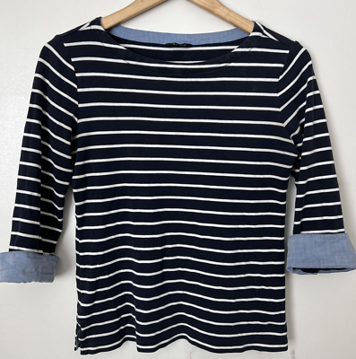 #ad Nautica Size S Small Navy White Striped Breton Shirt 100% Cotton Classic EUC $18.50