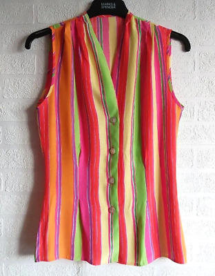 Vintage St. Michael Women#x27;s UK 8 10 Colourful Striped Button Up Sleeveless Top GBP 9.99