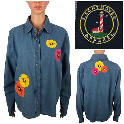 #ad Lighthouse Womens Medium Denim Shirt Floral Boho Western Blue 100% Cotton $44.43