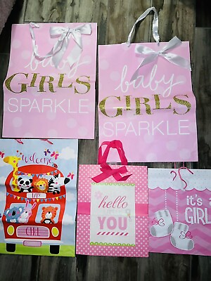 #ad Baby Shower gift bags Lot Of 5 Various sizes Large 19x15 Pink Baby Girls Sparkle $16.00