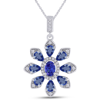 #ad Flower Pendant Necklace Blue Sapphire amp; 925 Sterling 18quot; Chain $89.99