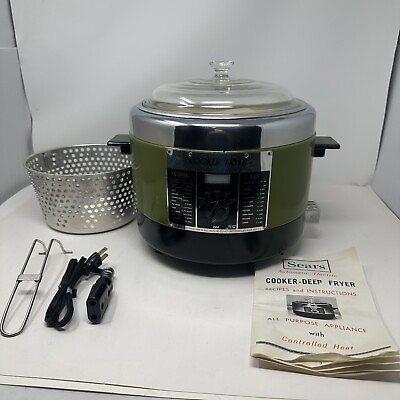#ad Vintage Sears Automatic Electric Cooker Deep Fryer W Basket Avocado Green New $52.00