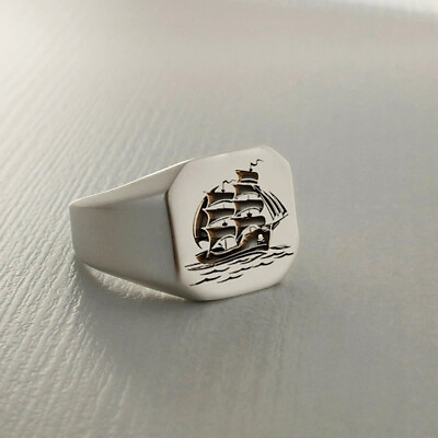 #ad 925 Sterling Silver Nautical Ship Ring Pirate Men Ring Signet Ship Ring $42.00