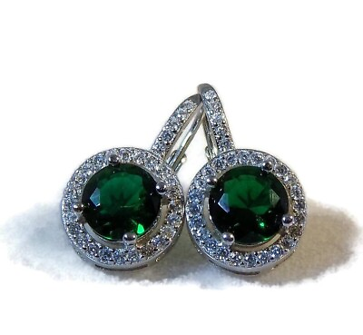 #ad New US SELLER Handmade Emerald Halo Sterling Silver 925  Lever Back Earrings $49.99