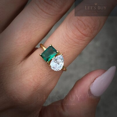 #ad Double Stone Toi et moi Emerald Radiant Cut Engagement Wedding Ring In 925 SL $99.00