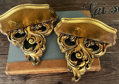 #ad Pair Vintage Gold Gilt Wood Wall Sconce Shelves Hollywood Regency Ornate Scroll $45.00