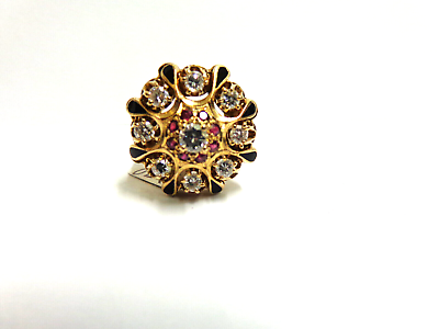 #ad 14kt yellow gold diamond ruby blk enamel ring sz 6.50 tcw 12.9 grams tcw 1.36 $2295.00