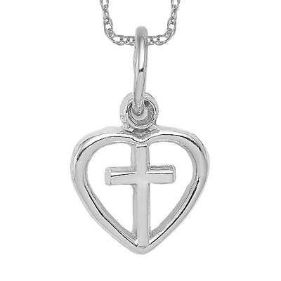 #ad 14K White Gold Latin Mexican Holy Cross Heart Love Necklace Religious Pendant... $117.00