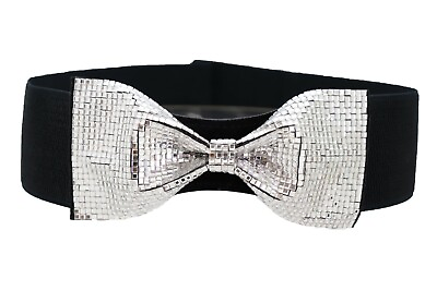 #ad Women Waist Hip Silver Bling Bow Tie Ribbon Buckle Belt Black Elastic Band S M L $18.56