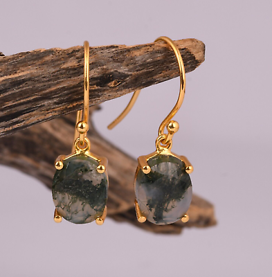#ad Moss Agate Earrings Gold Plated Oval Green Gemstone Dangle Women Gift Earrings $22.99