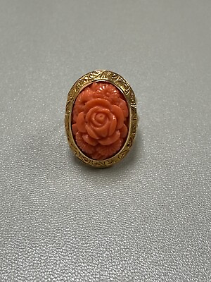 #ad Vintage 18K Yellow Gold Carved Coral Flower Ring $775.00