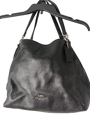 #ad Coach Hallie Shoulder Bag Refined Tote Pebble Leather Black Silver 80268 $149.95