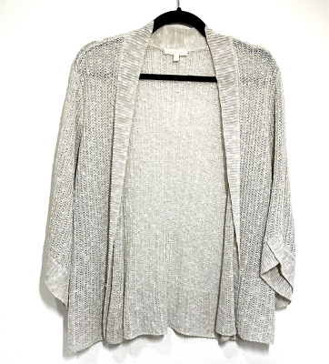 #ad Eileen Fisher SZ Large Tan Sweater Loose Weave Open Front Cardigan Italian Yarn $49.95