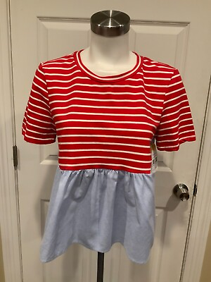 #ad by Anthropologie Red amp; White Striped Shirt W Solid Blue Hem Size Small $26.44