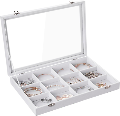 #ad Jewelry Tray 12 Grid Velvet Jewelry Organizer Storage Box with Clear Lid Drawer $45.62