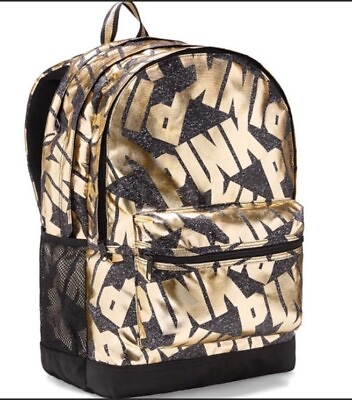 #ad PINK Campus Gold amp; Black Foil Logos Large School Backpack NWT $54.99