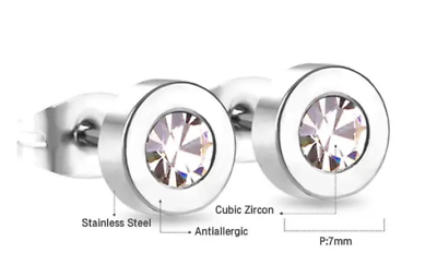 #ad Steel 7mm Stud Earrings CZ Cubic Zirconia Setting Urban Men Women Unisex New $5.60