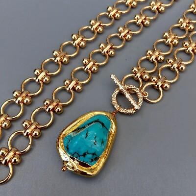 #ad Gold Plated Chain Chokers Necklace Blue Turquoise Pendant Designer Gems Jewelry $15.20