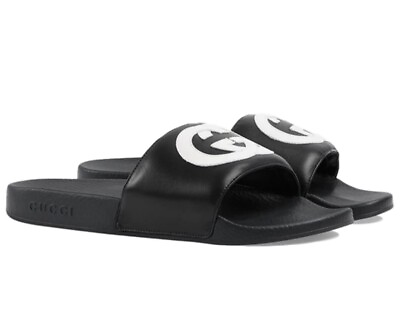 GUCCI Women Slide Sandals Double Interlocking SZ 7 US Black White Leather $259.99
