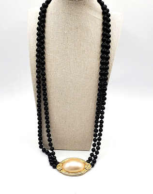 #ad Glass Black Beaded Necklace Double Strand White Enamel Pearl Rhinestones 30quot; $24.97