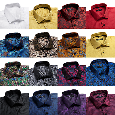 #ad Mens Shirt Black Paisley Silk Button Down Shirts Long Sleeve Casual Dress Shirt $19.99