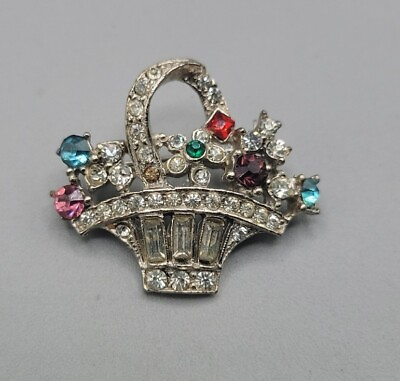 #ad Vintage Rhinestone Flower Basket Brooch Pin Silver Tone Colorful $63.75