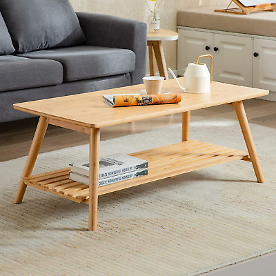 #ad Coffee Table Foldable Bamboo Mid Century Desk TV Stand with Open Storage Shelf C $210.99