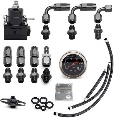 #ad Universal Adjustable Fuel Pressure Regulator Kit 100psi Guage AN6 Fitting Black $36.49