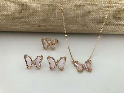 #ad Rose Crystal Glass Butterfly Earring and Clear Crystal Ring and Necklace Set $14.95