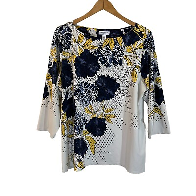 #ad Charter Club Plus Size Floral Blouse 2X Jersey Knit 3 4 Sleeve Yellow Navy Blue $28.90