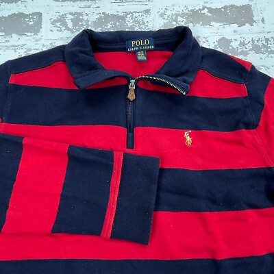 #ad Polo Ralph Lauren Sweater Boys XL Red Blue Striped Sweatshirt Quarter Zip Youth $15.91