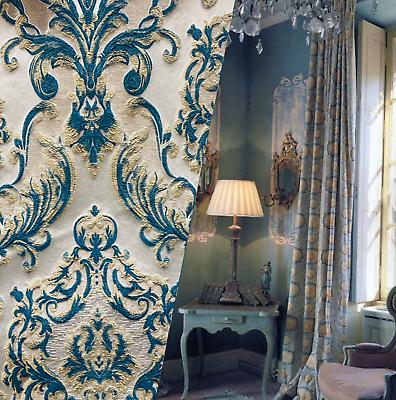 #ad Marianna Novelty Ritz Neoclassical Brocade Satin Fabric Peacock Blue $149.00