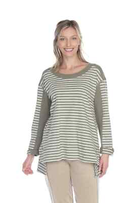 Neon Buddha Women Discover Top Olive White Stripe L Long Sleeve Cotton Shirt $35.00