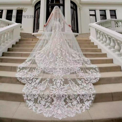 #ad 1T Appliques Lace Wedding Veil Long Veil Cathedral Bridal Veils $69.30