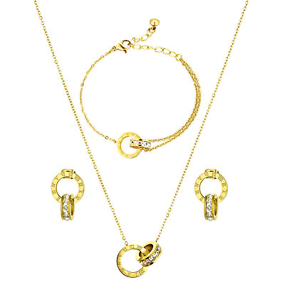 #ad #ad 4pcs Women Stainless Steel Interlock Necklace Bracelet Stud Earrings Jewelry Set $15.99