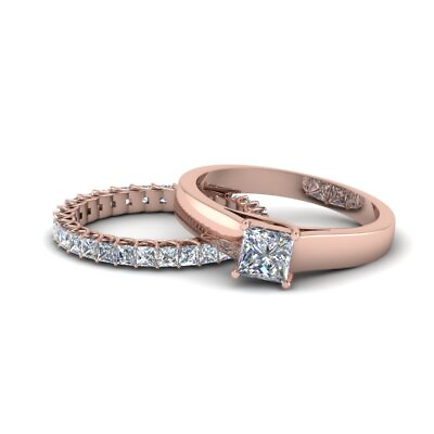 #ad Flat Solitaire Ring With Eternity Set Rose Gold Plated RGPR D1579 PRINCESS C $39.00