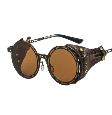 #ad Vintage Steampunk Side Shields Leather Round Retro Shades Men#x27;s Women Sunglasse $19.99