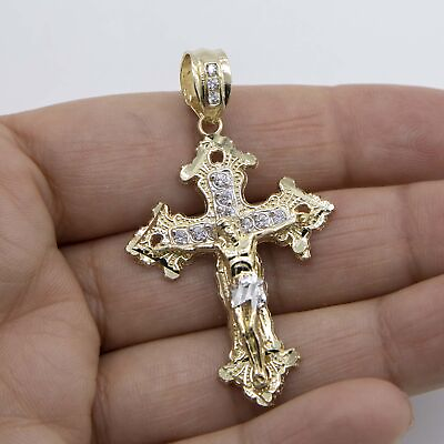 #ad 2quot; Jesus Crucifix Cross Pendant Real 10K Yellow White Gold $340.99