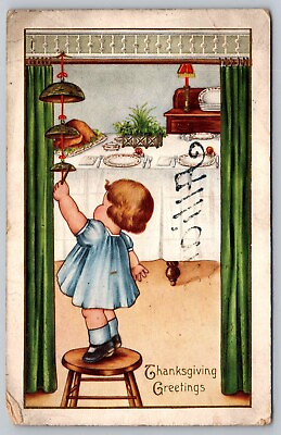 #ad Postcard Thanksgiving Girl on Stool Ringing Dinner Bell $3.95