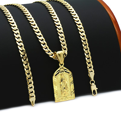 Mens 14k Gold Plated Garden Guadalupe Pendant 5mm 24quot; Cuban Necklace Chain K 1 $14.99