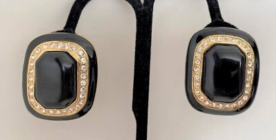 #ad Vintage Large Black Enamel amp; Rhinestone Clip On Earrings Excellent Condition $27.00