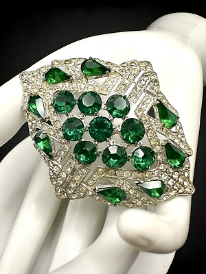 #ad Antique Vintage Emerald Green Teardrop Crystal Rhinestone Large Art Deco Brooch $145.00