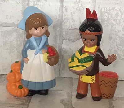 #ad Thanksgiving Pilgrim Girl And Indian Boy Ceramic Figurines 5 1 2” Inches Tall $24.99